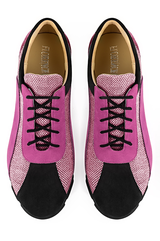 Matt black and carnation pink women's two-tone elegant sneakers. Round toe. Flat rubber soles. Top view - Florence KOOIJMAN